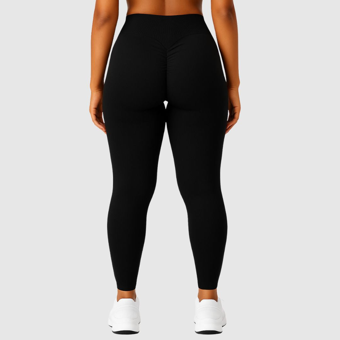 back profile of Vibe Scrunch Leggings Black highlighting scrunch detail and contouring fit
