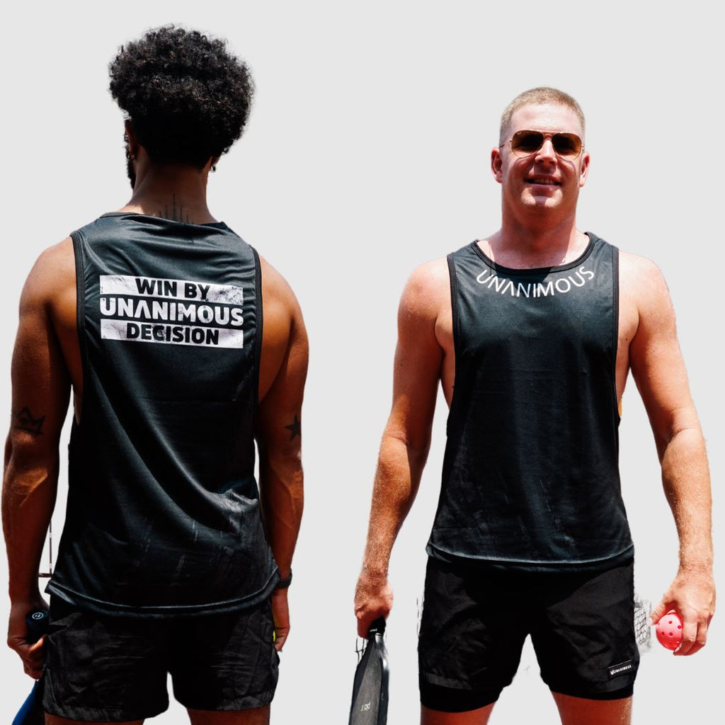 black back-print muscle tank after a workout.