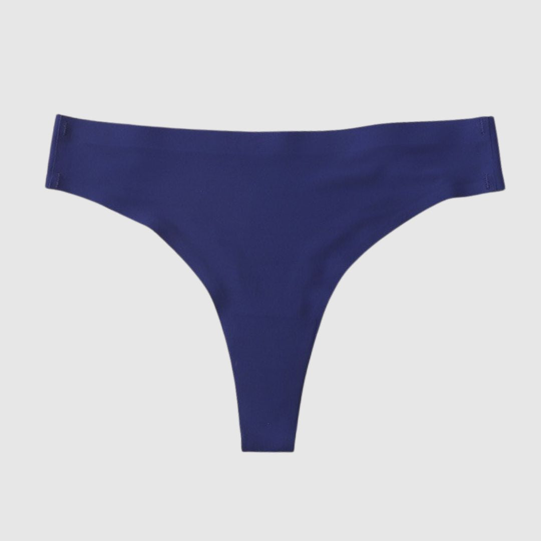 front profile of Seamless Sport Thong dark blue showing flexible waistband and smooth edges