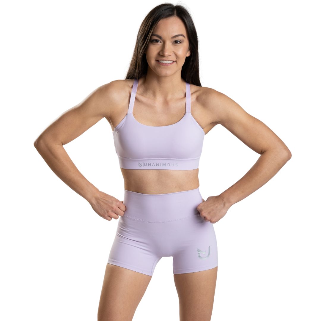 front side white shorts and matching sports bra