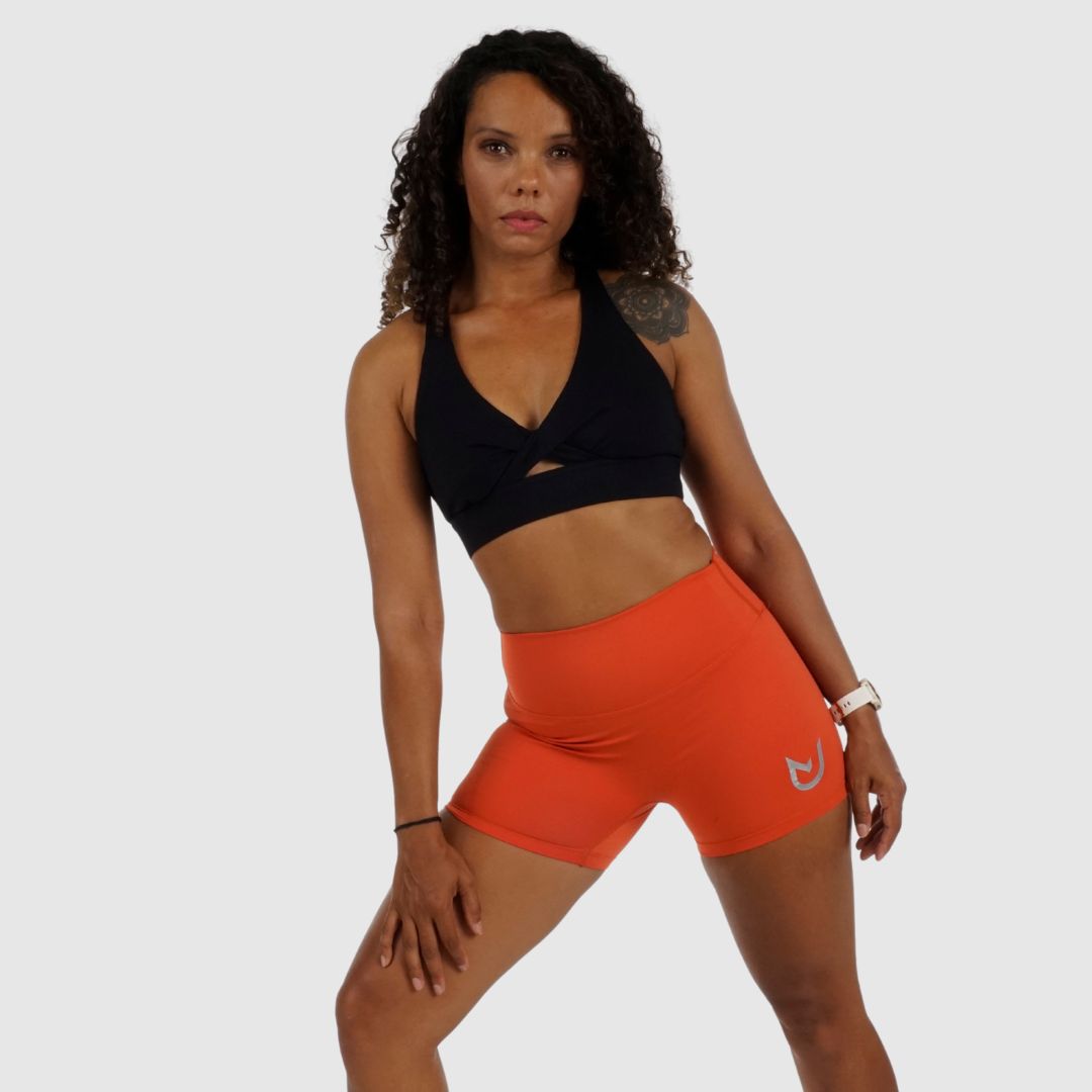 front view of orange Performance Shorts, squat-proof Nylon-Spandex blend.