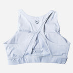 white Sports Bra Racerback, back view. Highlights the wide crossover straps and supportive back design for workouts